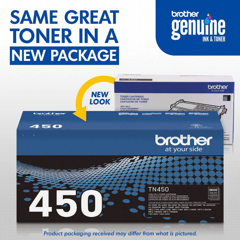 Brother Genuine High Yield Toner Cartridge, TN450, Replacement Black Toner, Page Yield Up to 2,600 Pages