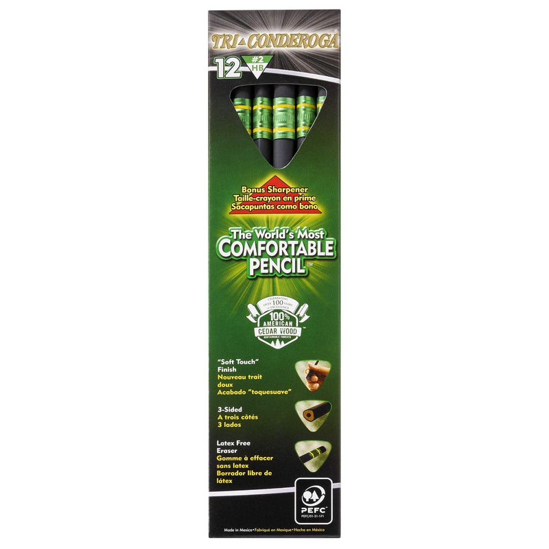 TICONDEROGA Tri-Conderoga No. 2 Triangle Pencils 6 12-Count Boxes, Total 72 Pencils, (Wood Cased, Black Writing) w/BONUS Sharpener (22500)