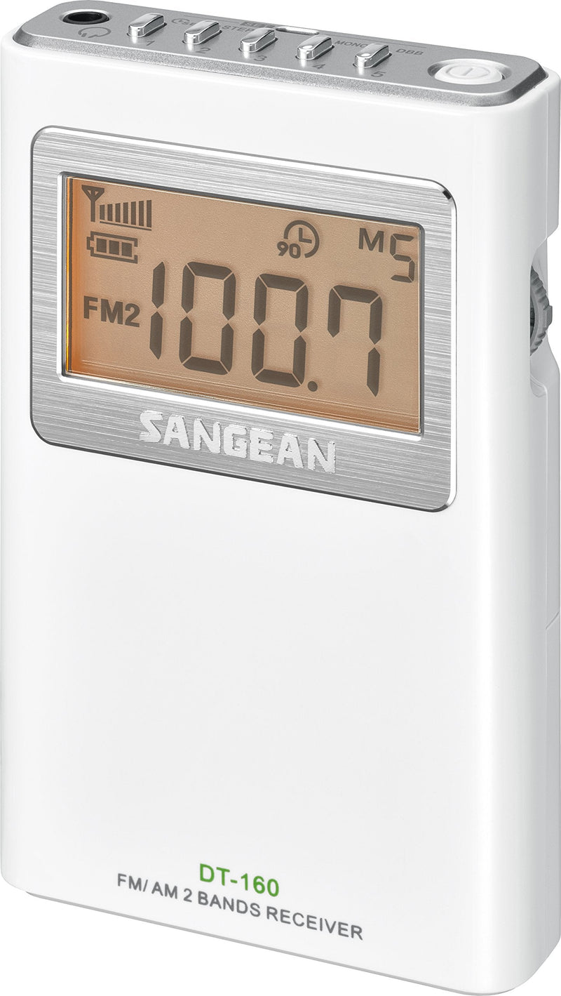 Sangean DT-160 AM/FM Stereo Pocket Radio with 100 Operating Hours on 2 AA Batteries, White