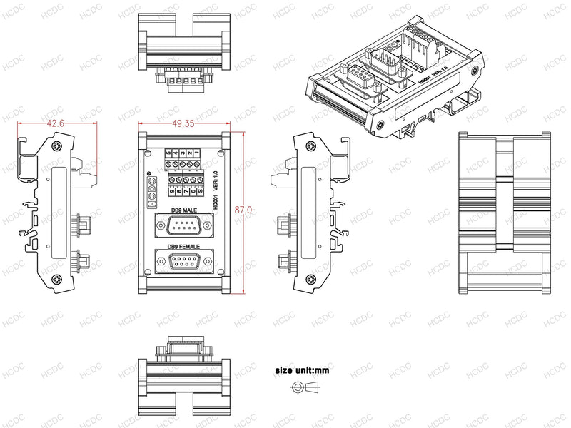 DIN Rail Mount D-SUB Male-Female Interface Module Terminal Block Breakout Board (DB9) DB9