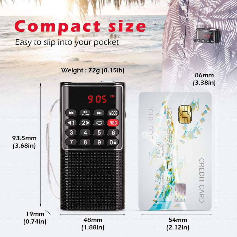 Mini Pocket FM Walkman Radio Portable Battery Radio with Recorder, Lock Key, SD Card Player, Rechargeable Battery Operated, by PRUNUS(NO AM) Black