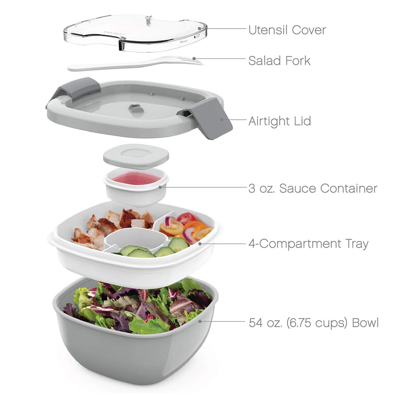 Bentgo Salad - Stackable Lunch Container with Large 54-oz Salad Bowl, 4-Compartment Bento-Style Tray for Toppings, 3-oz Sauce Container for Dressings, Built-In Reusable Fork & BPA-Free (Gray) Gray