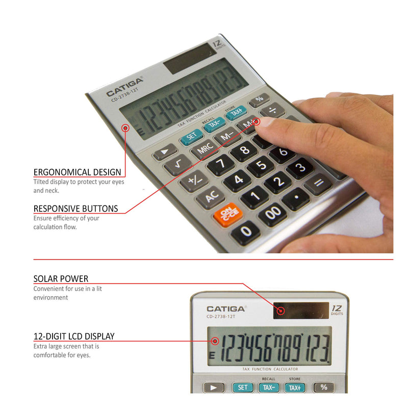 12-Digit Business Calculator - CATIGA CD-2738-12T - Dual-Power - Tax Calculator Silver