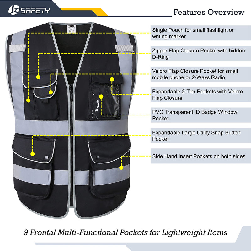 JKSafety 9 Multi-Functional Pockets Zipper Front Safety Vest With Reflective Strips Meet ANSI/ISEA Standards (150-Black, Medium) Black