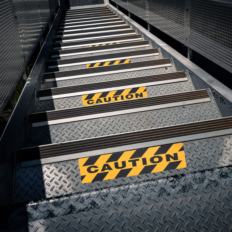 Caution Watch Your Step Floor Decals Stickers, Abrasive Adhesive Anti-Slip Warning Signs, Black and Yellow Non Skid Grip Tape for Stairs Workplace Home Safety, 6x24", 4 Pack