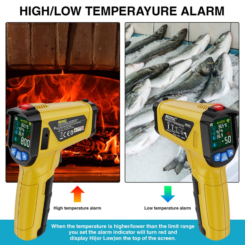Infrared thermometer MESTEK temperature measuring device digital laser IR pyrometer K-probe -50°C ~ 800°C non-contact with color LCD alarm function adjustable emissivity for kitchen grill automotive