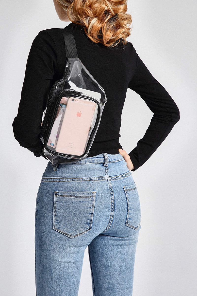 Fanny Pack, Veckle Clear Fanny Pack Waterproof Cute Waist Bag Stadium Approved Clear Purse Transparent Adjustable Belt Bag for Women Men, Travel, Beach, Events, Concerts Bag, Black