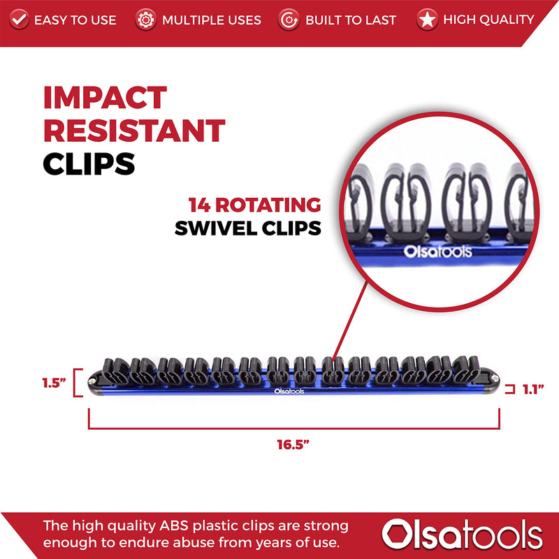 Olsa Tools Wall Mount Wrench Organizer with Rotating Clips | Blue Anodized Aluminum + Black Clips | Premium Quality Wrench Holder | 14 Wrenches Fit Rack Blue Aluminum + Black Clips