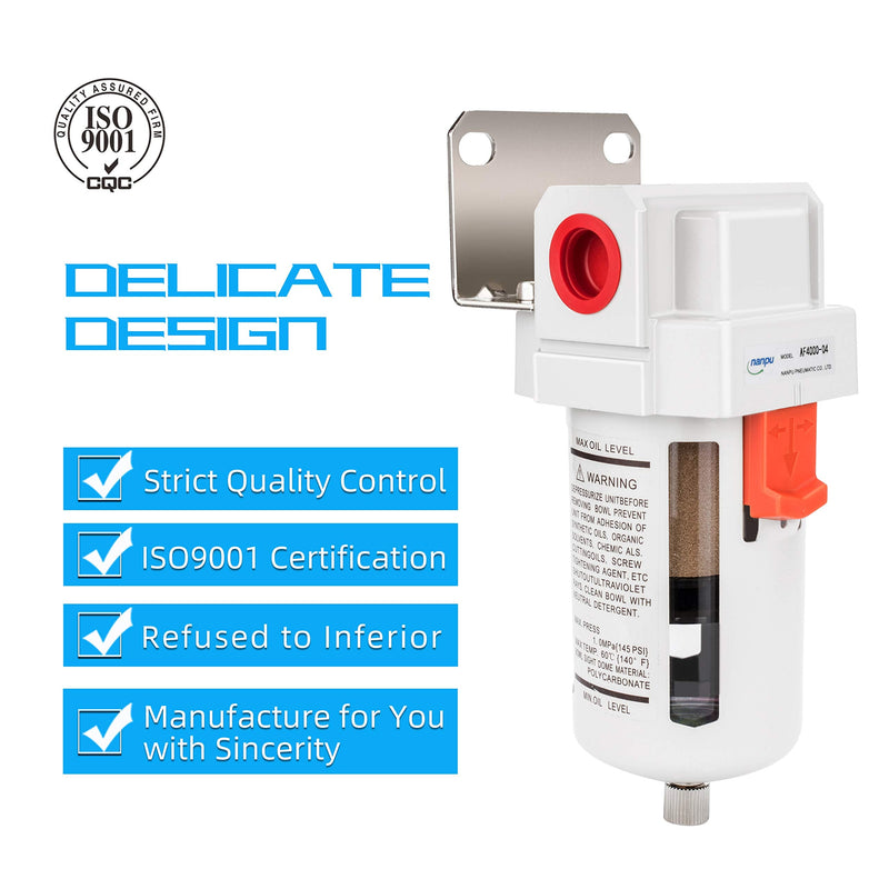 NANPU 1/2" BSP Compressed Air Filter, 5μm Brass Element, Metal Bracket, Poly Bowl, 10 Bar 1/2" BSPP