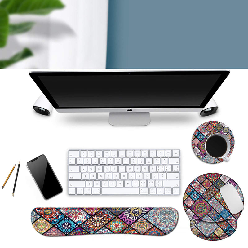 Ergonomic Keyboard Wrist Rest and Mouse Pad Wrist Rest Support Set, Non Slip Rubber Base Wrist Support Mousepad with Memory Foam for Laptop/Gaming +Coffee Coaster,Mandala Mandala