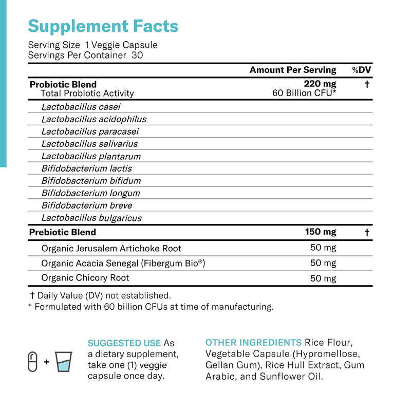 Probiotics 60 Billion CFU - Probiotics for Women, Probiotics for Men and Adults, Natural, Shelf Stable Probiotic Supplement with Organic Prebiotic, Acidophilus Probiotic