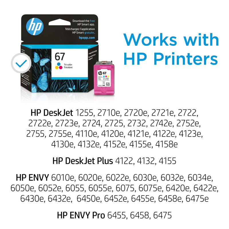 Original HP 67 Tri-color Ink Cartridge | Works with HP DeskJet 1255, 2700, 4100 Series, HP ENVY 6000, 6400 Series | Eligible for Instant Ink | 3YM55AN