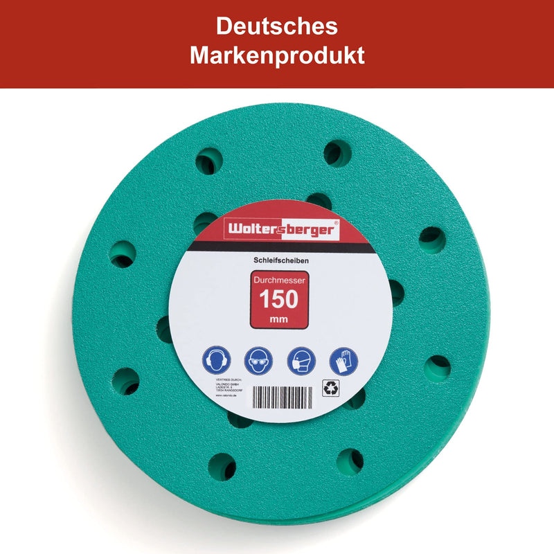 Woltersberger® 50 pieces eccentric sanding discs Ø 150mm | Grain P80 | 15 holes in green | Sandpaper for optimal sanding, versatile use 1