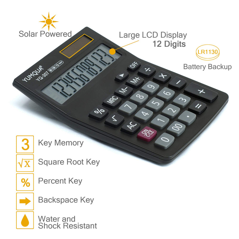 YUMQUA Basic Desktop Calculator 2 Pack, Dual Power Solar Battery Calculator with 12 Digit LCD Display Screen, Daily Office School Use, White+Black White01+Black01