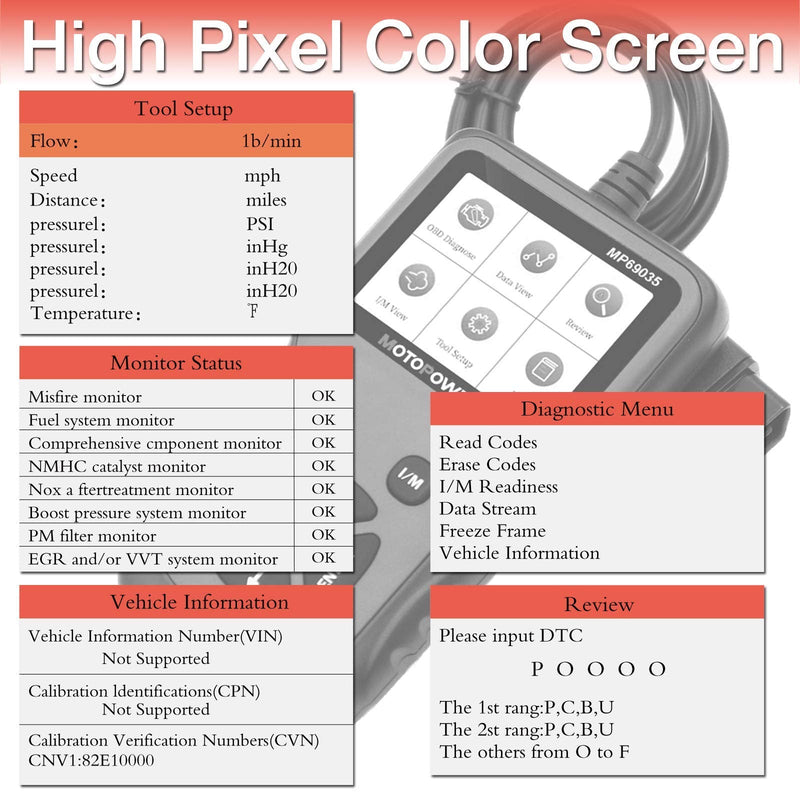 MOTOPOWER MP69035 OBD2 Scanner Universal Car Engine Fault Code Reader, CAN Diagnostic Scan Tool for All OBD II Protocol Cars Since 1996 Red