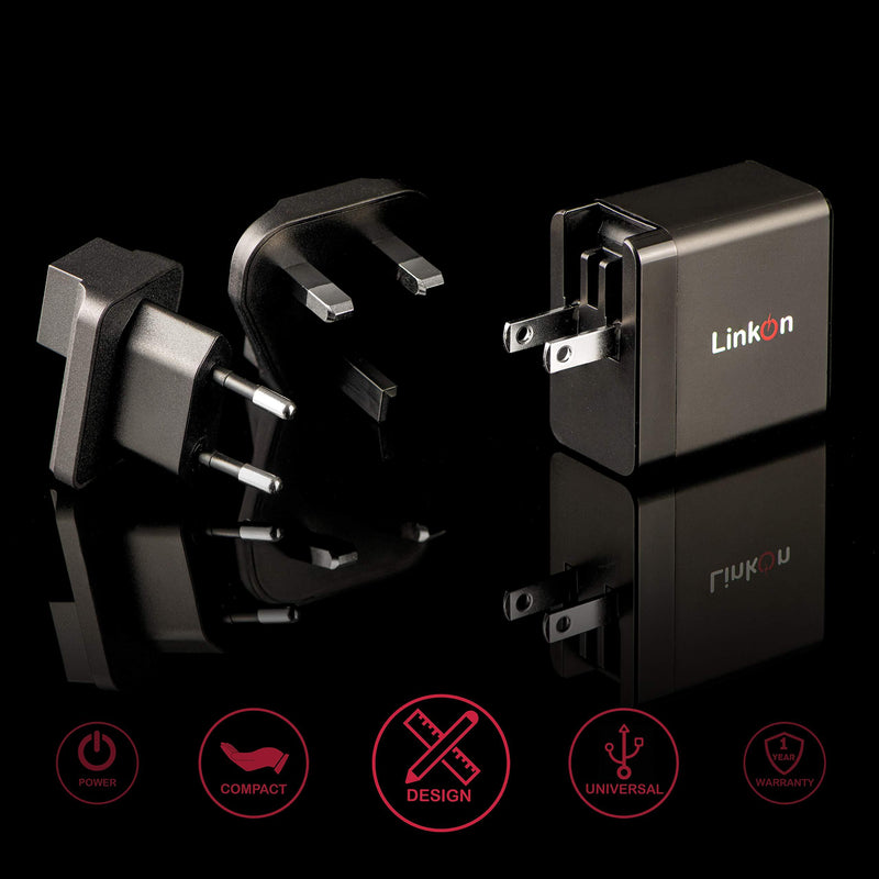 LinkOn Ganius 65W Wall Charger GaN Tech 65W USB-C PD3.0 PPS and 18W USB-A QC4.0+ Compatible with MacBook HP Dell Lenovo Surface Samsung Galaxy S20 Ultra Note 10+ Portable Laptop Travel International Black-65W