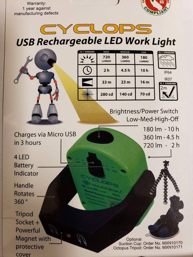 Maxxeon MXN00811, HiVis Green, 720 Lumens, USB-C Rechargeable LED Cyclops Workstar Work Light