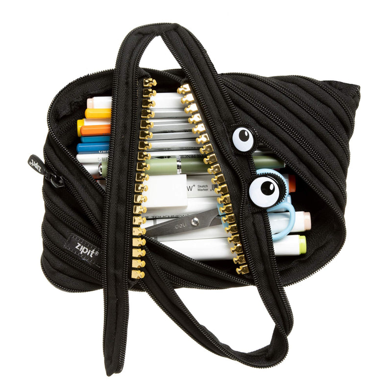 ZIPIT Grillz Large Pencil Case, Holds Up to 60 Pens, Machine Washable, Made of One Long Zipper! (Black)