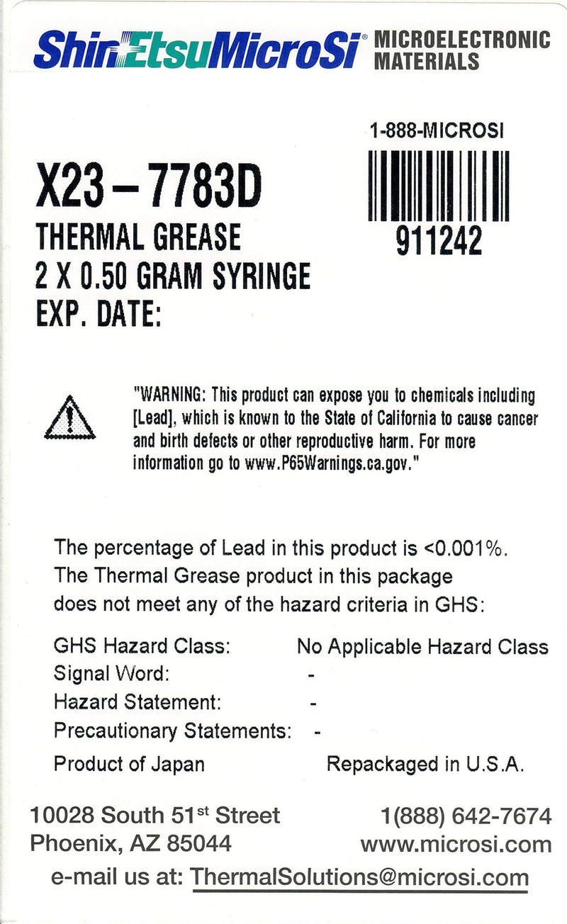 X23-7783D, Direct from Manufacturer Shin-Etsu MicroSi, Genuine High Performance Silicone Thermal Grease, Two 0.5 gm Syringes (2x0.5 gm), with Lot #, Exp. Date