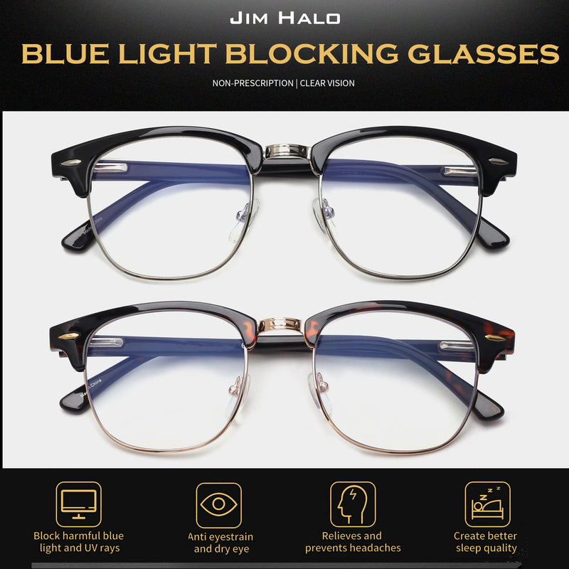 JIM HALO 2 Pack Blue Light Blocking Glasses, Round Computer/Gaming/TV/Phones Glasses Bluelight Blocker for Women Men Black/Silver +Demi/Gold