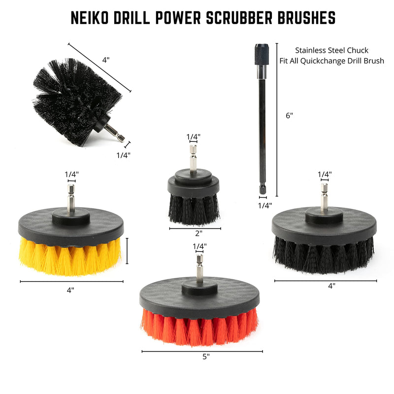 NEIKO 00322A Brush Drill Attachment Set | 15 Pieces | Polishing, Buffing, Scrubbing & Scouring Pads | Cleaning Round Pad for Carpets | Power Scrub Brush for Toilets | Long Reach Extension Included 15 PIECE DRILL BRUSH SET
