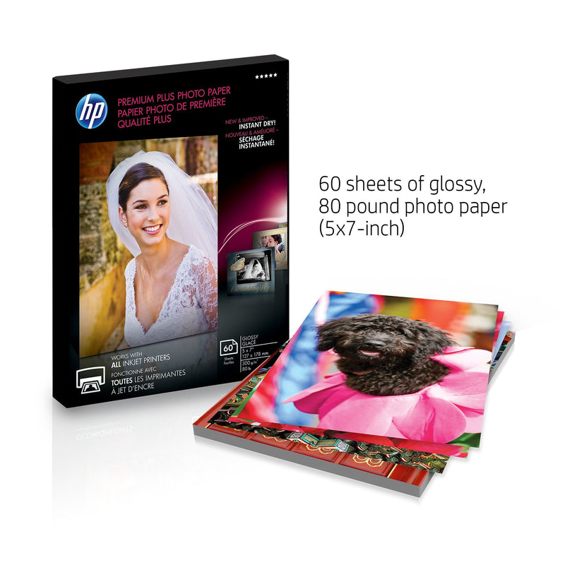 HP Premium Plus Photo Paper | Glossy | 5x7 | 60 Sheets 5" x 7"