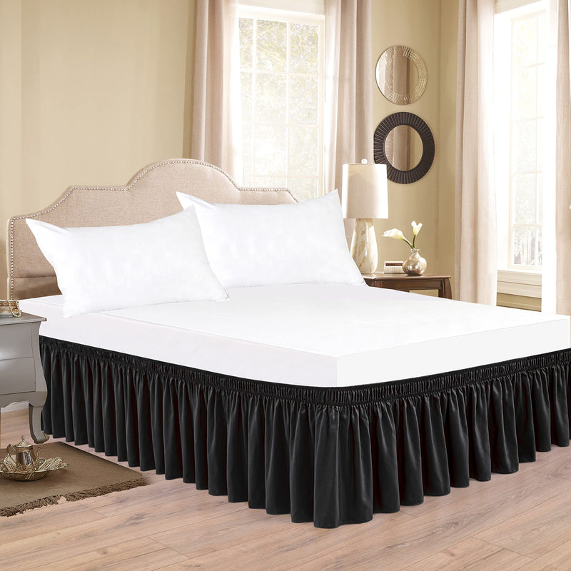 Biscaynebay Wrap Around Bed Skirts for Twin & Twin XL Beds 12 Inches Drop, Black Elastic Dust Ruffles Easy Fit Wrinkle & Fade Resistant Silky Luxurious Fabric Solid Machine Washable Twin-12" Drop