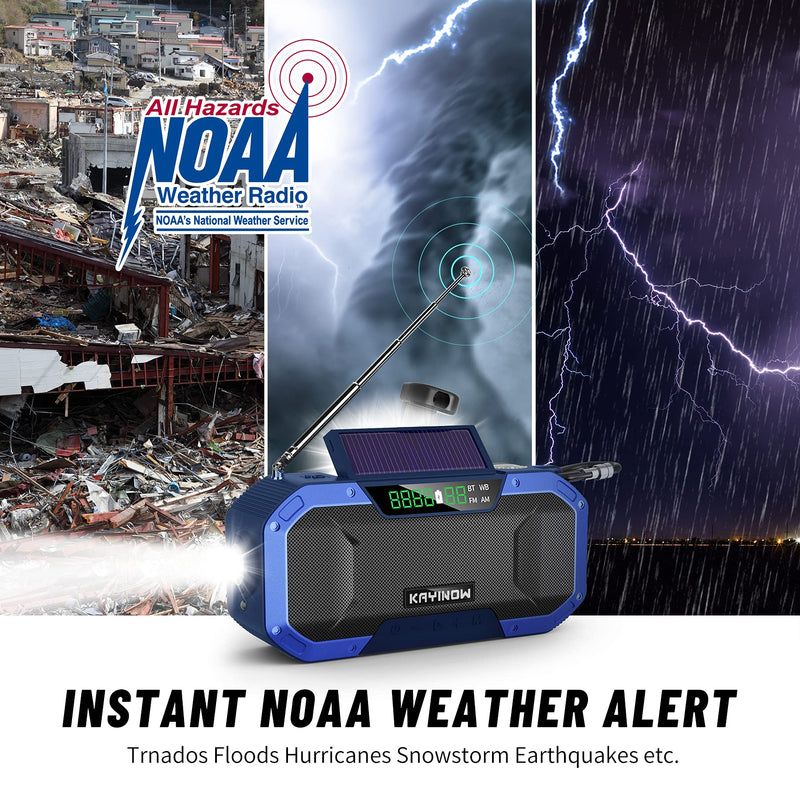 Auto Scan Digital AM FM WB NOAA Weather Radio,Portable Hand Crank Radio with Loud Stereo Bluetooth Speaker,Waterproof Wind Up Solar Emergency Radio,5000mAh Cell Phone Charger,Flashlight,Battery Backup