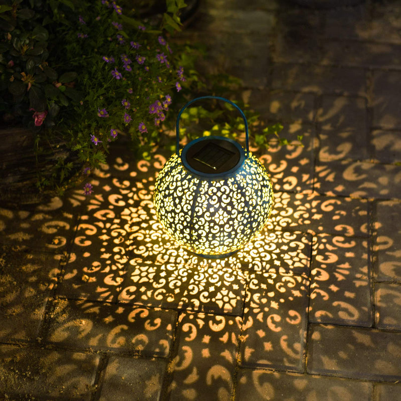 Solar Big Lantern Hanging Garden Outdoor Lights Metal Waterproof LED Table Lamp Decorative Blue