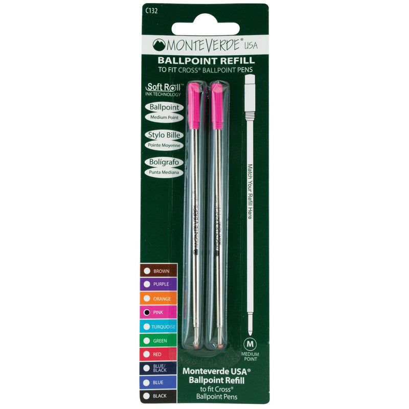 Monteverde Ballpoint Refill to Fit Cross Ballpoint Pens, Medium Point, Soft Roll, Pink, 2 per Pack (C132PK)