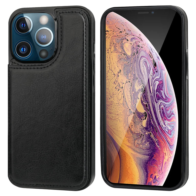 ONETOP Compatible with iPhone 13 Pro Max Wallet Case with Card Holder,PU Leather Kickstand Card Slots Case, Double Magnetic Clasp and Durable Shockproof Cover 6.7 Inch(Black) Black