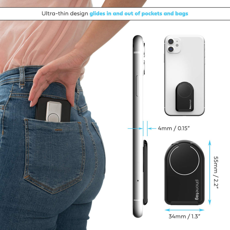 phonetag - Mobile Cell Phone Kickstand (Adjustable Angle, Portrait and Landscape Stand), Finger Ring Grip Holder, for Magnetic car mounts, Compatible with Most Smartphones (Black) Black