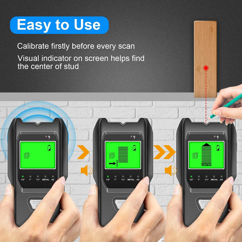 Stud Finder Wall Scanner, 5 in 1 Multifunction Stud Locator with Upgraded Smart Sensor, HD LCD Display and Audio Alarm for The Center and Edge of Metal, Studs, AC Wire, and Pipe Detection Black