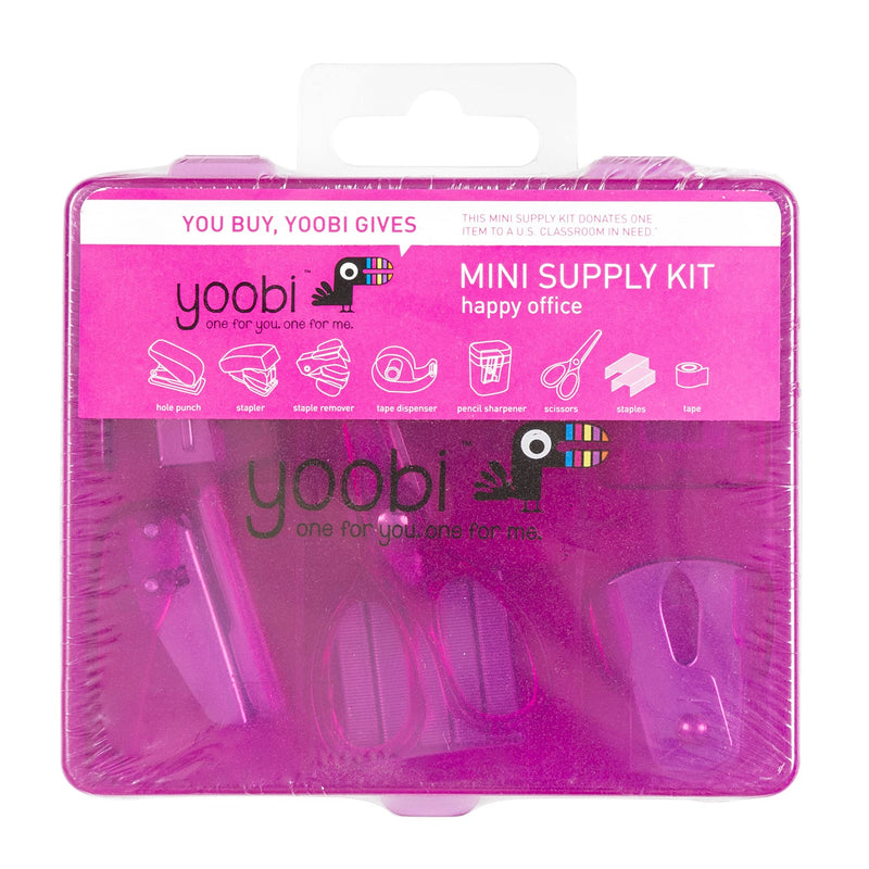 Yoobi Flat Mini Supply Kit | Includes Pencil Sharpener, Scissors, Stapler, Staple Remover, Staples, Tape Dispenser, Hole Puncher and Case | Pink 1 Pack