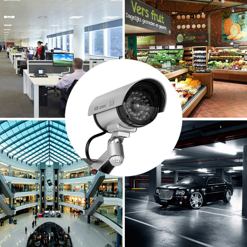 Dummy Security Camera, Fake CCTV Surveillance System with Realistic Red Flashing Lights and Warning Sticker (1, Silver)
