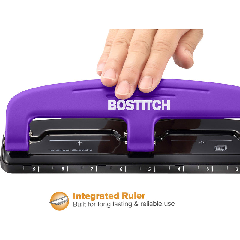 Bostitch Office EZ Squeeze Reduced Effort 3-Hole Punch, 12 Sheets, Purple,black , 1.6" x 3" x 11"