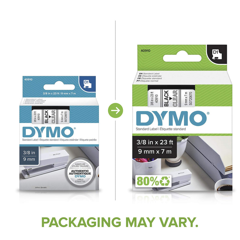 DYMO Standard D1 40910 Labeling Tape ( Black Print on Clear Tape , 3/8'' W x 23' L , 1 Cartridge), DYMO Authentic 3/8" Black on Clear