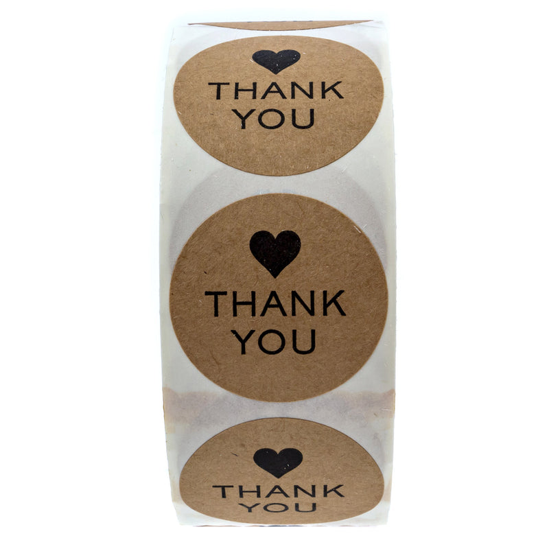 1" Round Kraft Thank You Heart Stickers / 1,000 Labels per Roll