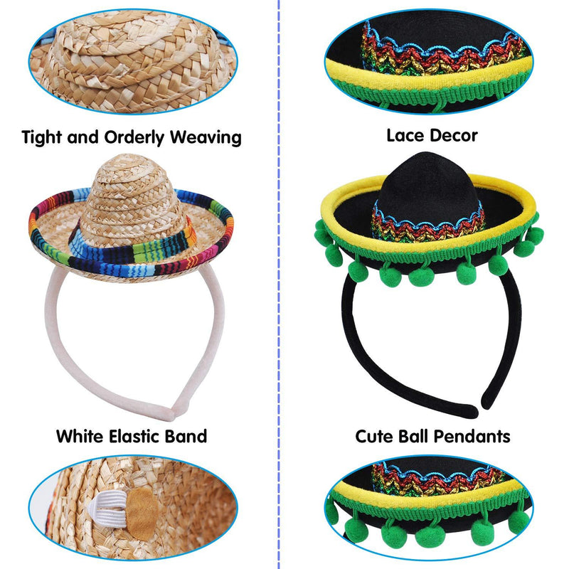 6 PCS Cinco De Mayo Fiesta Fabric and Straw Sombrero Headbands Party Costume for Fun Fiesta Hat Party Supplies, Luau Event Photo Props, Mexican Theme Decorations, Dia De Muertos and Party Favors