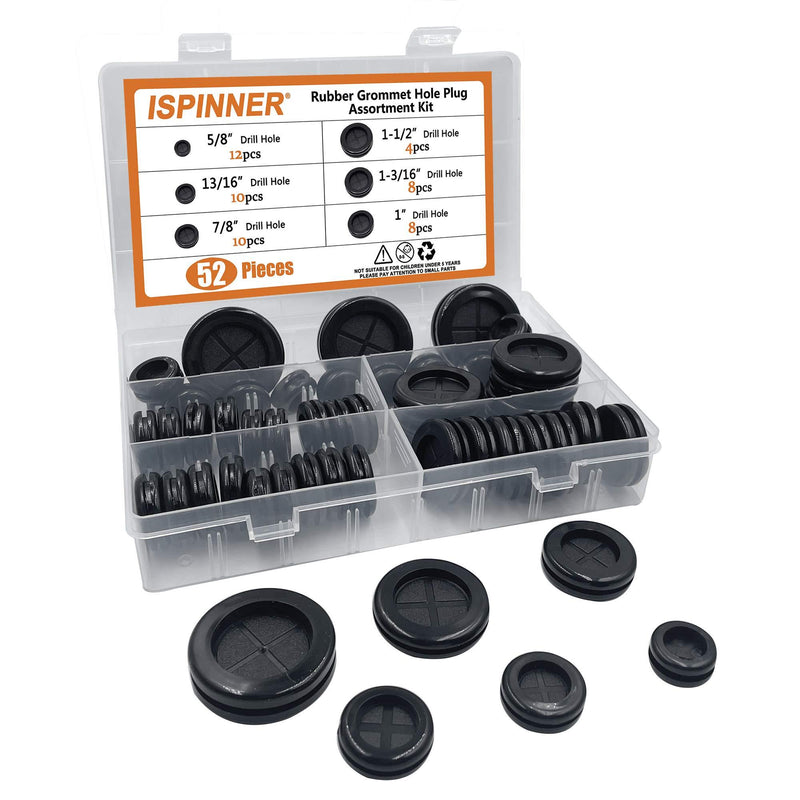 ISPINNER 52pcs 6 Sizes Rubber Grommet, Double Sided Round Rubber Hole Plug, Drill Hole 5/8" 13/16" 7/8" 1" 1-3/16" 1-1/2" (Black) Black