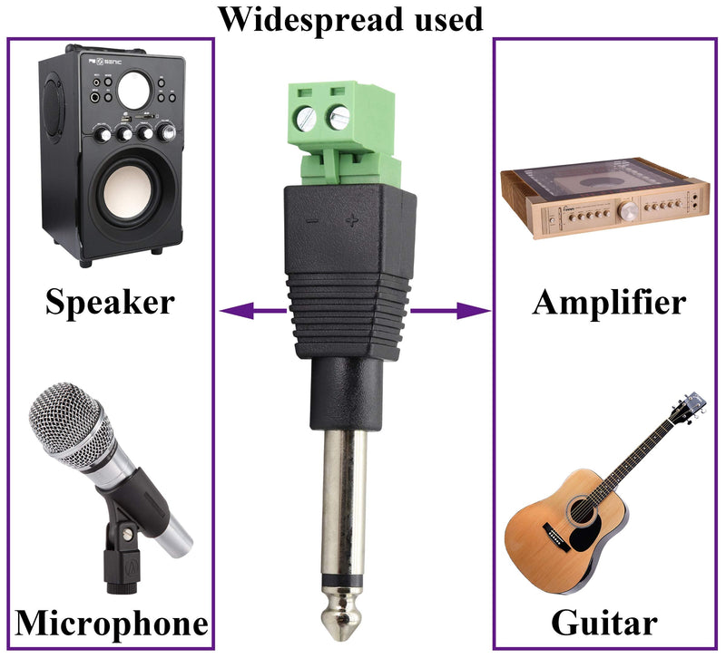 AAOTOKK 6.35mm Screw Terminal Block Connector 6.35mm (1/4") TS Mono Male to 2 Pin/Way Female Bolt Screw Terminals Pluggable AUX Audio Microphone/Speaker Wire Solderless Converter(5-Pack)