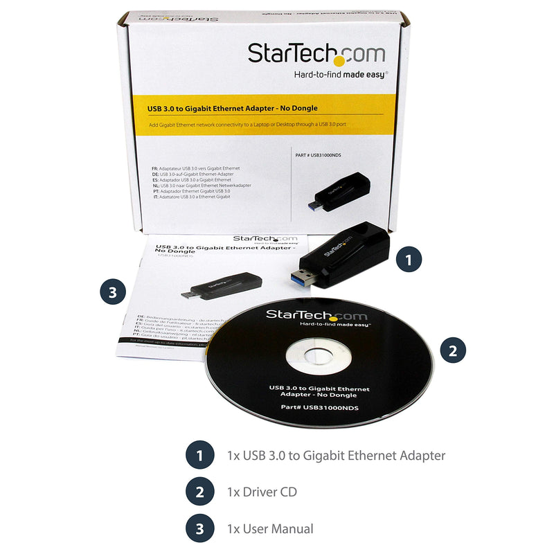 StarTech.com USB 3.0 to Gigabit Ethernet NIC Network Adapter - 10/100/100 Mbps Network Adapter - USB to Ethernet LAN Adapter - USB to RJ45 (USB31000NDS) USB-C