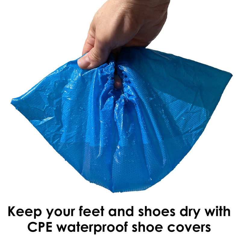 Buena Goods 100 Pack Extra Large Disposable Blue Boot & Shoe Covers. Reusable Premium CPE Waterproof Durable Booties with Non Slip Treads for Indoor Use. Fits US Men's Size 14 & Women's 16 Shoe Size