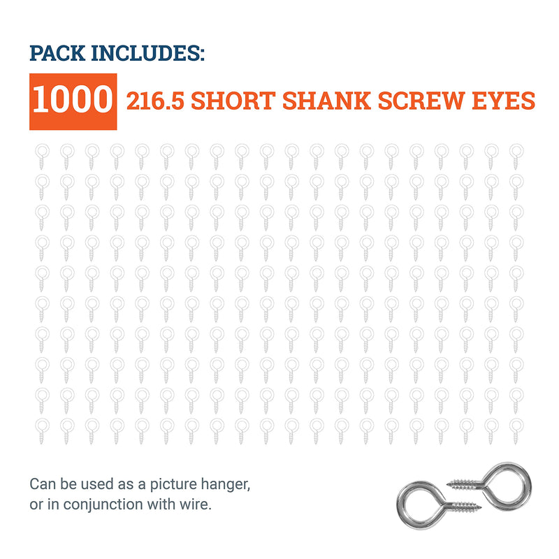 Small Screw Eye - 1000 Pack - 216.5 Short Shank Screweyes 9/16 inch Long