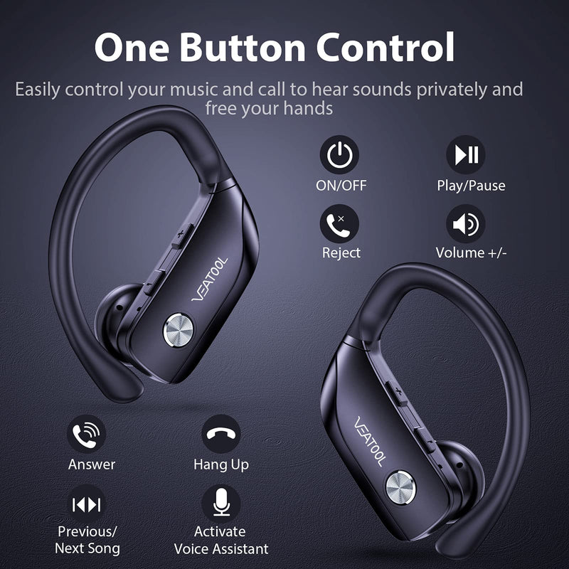 Wireless Earbuds Bluetooth Headphones 48hrs Play Back Sport Earphones with LED Display Over-Ear Buds with Earhooks Built-in Mic Headset for Workout Black BMANI-VEAT00L