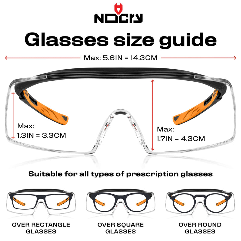 NoCry Safety Glasses That Fit Over Your Prescription Eyewear. Clear Anti-Scratch Wraparound Lenses, UV400 Protection, ANSI Z87 & OSHA Certified. Use in the Lab, Travelling, Black & Orange Frames