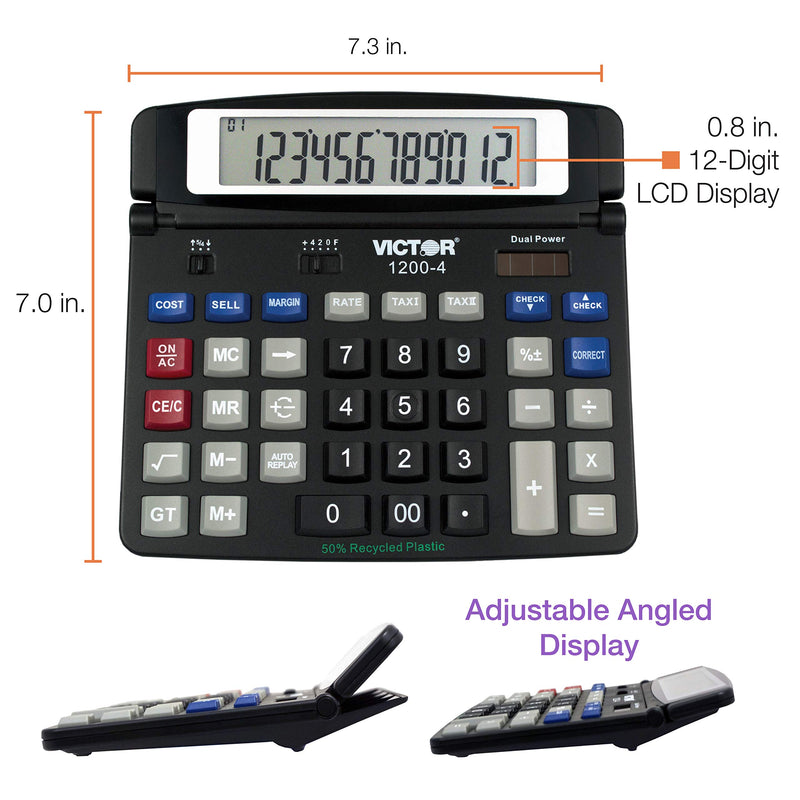 Victor 1200-4 12-Digit Large Professional Desktop Calculator, Battery and Solar Hybrid Powered Tilt LCD Display, Great for Home and Office Use, Black 1-Pack