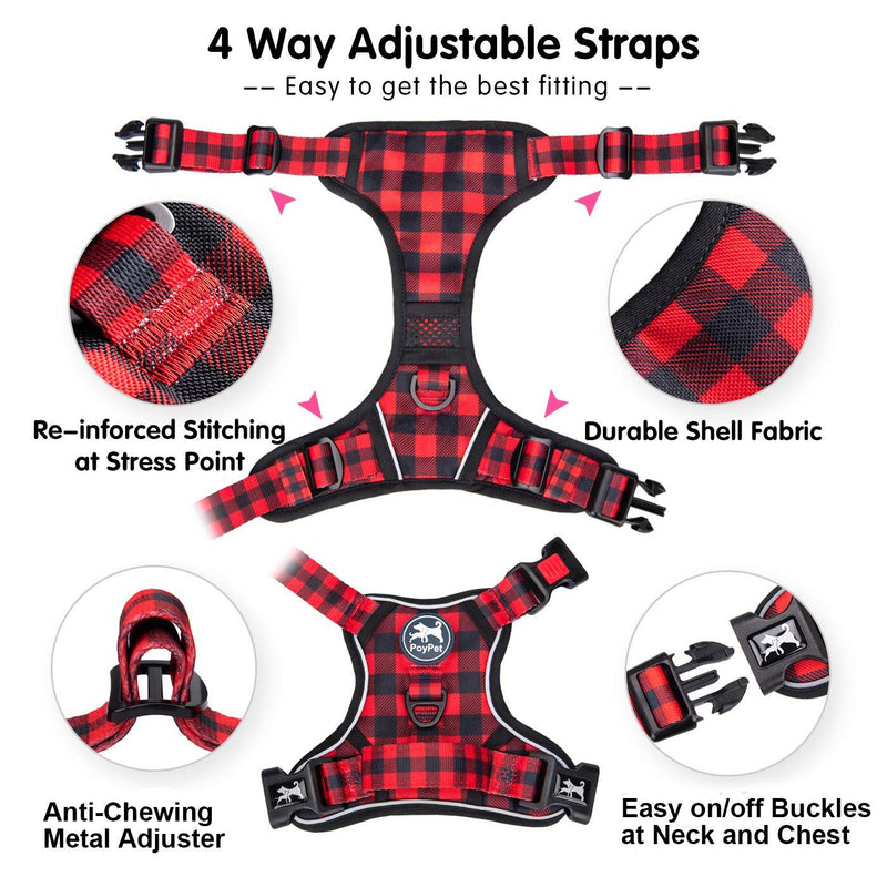 PoyPet No Pull Dog Harness, No Choke Front Lead Dog Reflective Harness, Adjustable Soft Padded Pet Vest with Easy Control Handle for Small to Large Dogs XS Checkered Red
