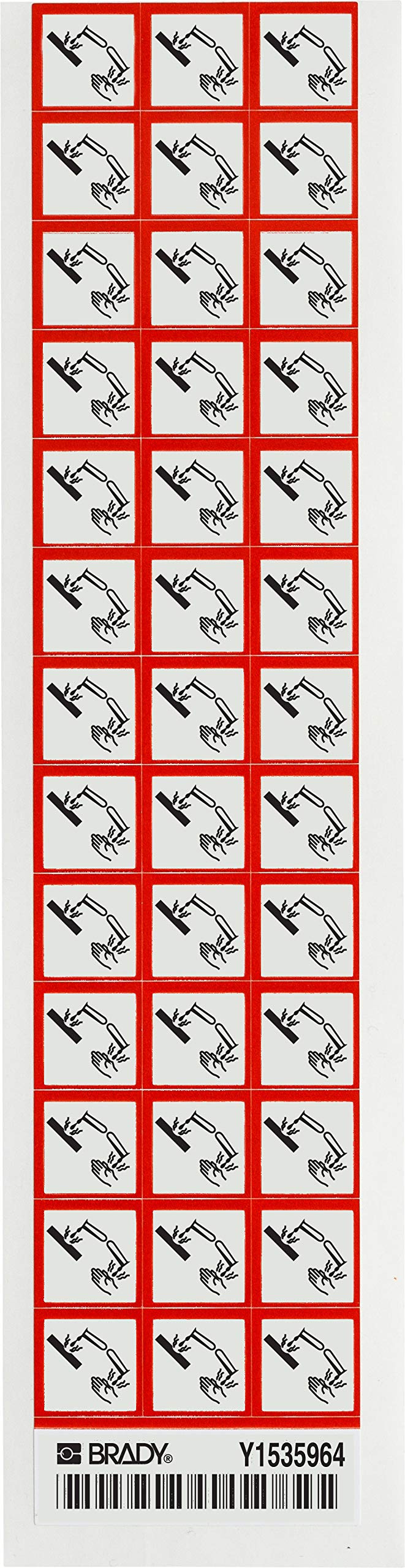 Brady 118893 Coated Paper GHS Corrosive Picto Labels , Black/Red On White, 5/8" Height x 5/8" Width, Pictogram "Corrosive" (39 Labels, 1 Card per Package)