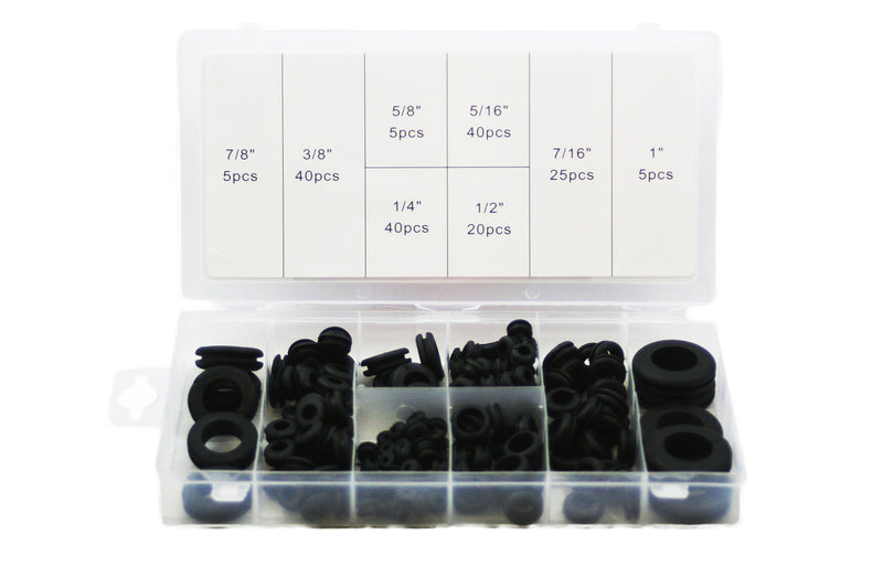 ABN 180 Piece SAE Rubber Grommet Assortment 7/8in, 5/8in, 5/16in, 7/16in, 3/8in, ¼in, ½in, and 1 Inch Sizes